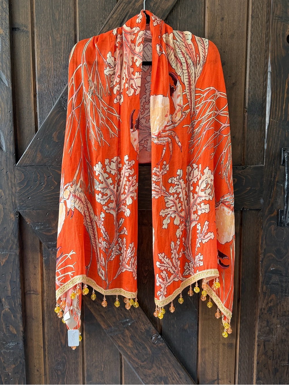 NWT Soft Surroundings Icon Seaside Scarf Coral Crab Beaded Tassel Wrap